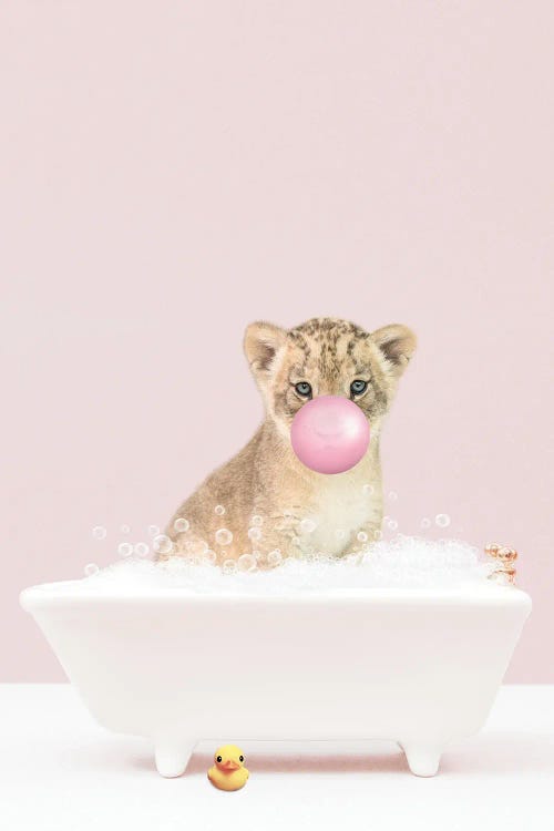 Lion Cub With Bubblegum In Bathtub