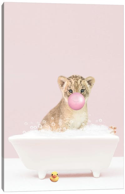 Lion Cub With Bubblegum In Bathtub Canvas Art Print - Tiny Treasure Prints