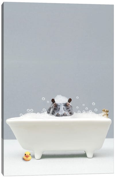 Hippo In A Bathtub Canvas Art Print - Tiny Treasure Prints