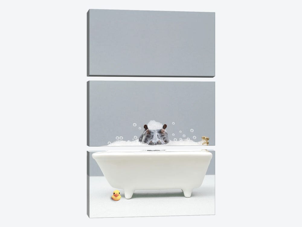 Hippo In A Bathtub by Tiny Treasure Prints 3-piece Canvas Artwork