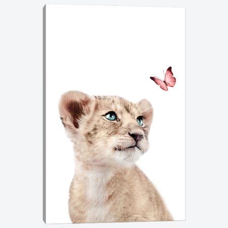 Lion Cub With Pink Butterfly I Canvas Print #TTP139} by Tiny Treasure Prints Art Print