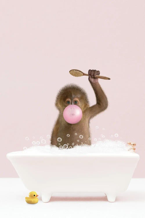 Baby Monkey With Bubblegum In Bathtub