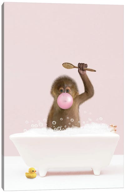 Baby Monkey With Bubblegum In Bathtub Canvas Art Print - Monkey Art