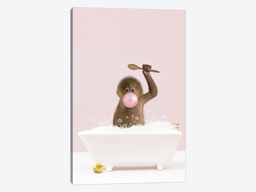 Baby Monkey With Bubblegum In Bathtub by Tiny Treasure Prints 1-piece Canvas Art Print
