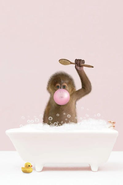 Monkeys: Baby Monkey With Bubblegum In Bathtub by Tiny Treasure Prints