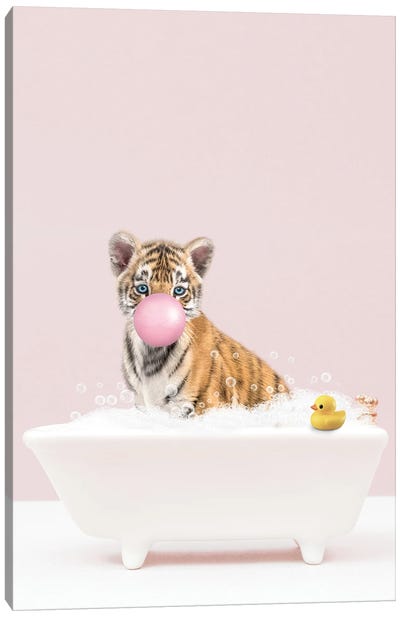 Tiger Cub With Bubblegum In Bathtub Canvas Art Print - Tiny Treasure Prints