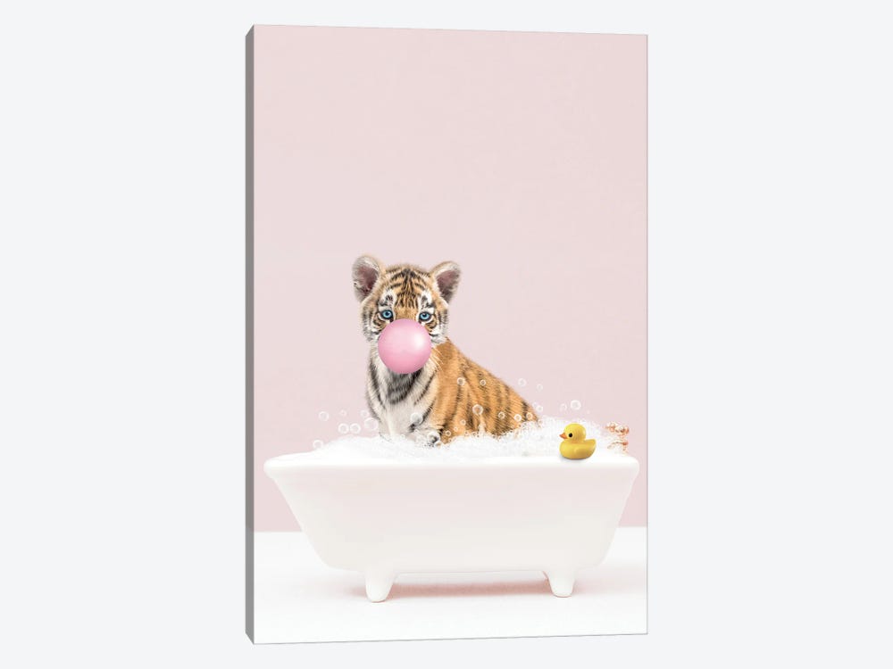 Tiger Cub With Bubblegum In Bathtub by Tiny Treasure Prints 1-piece Canvas Wall Art