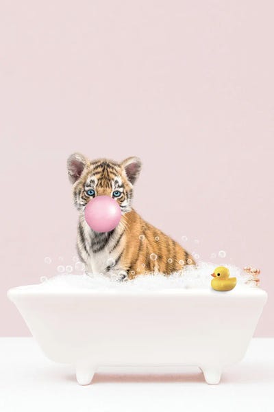 Tigers: Tiger Cub With Bubblegum In Bathtub by Tiny Treasure Prints