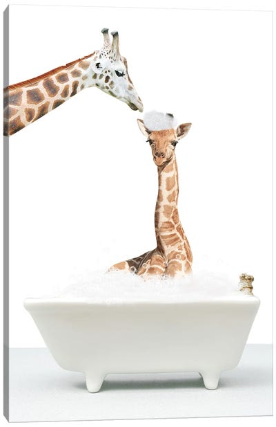 Mother And Baby Giraffe Canvas Art Print - Bathroom Break