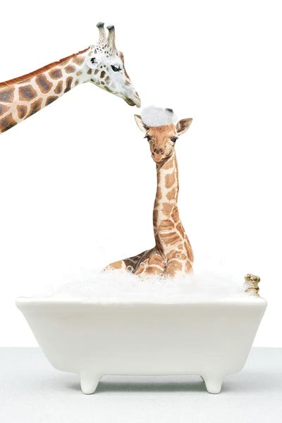 Bathroom Break: Mother And Baby Giraffe by Tiny Treasure Prints
