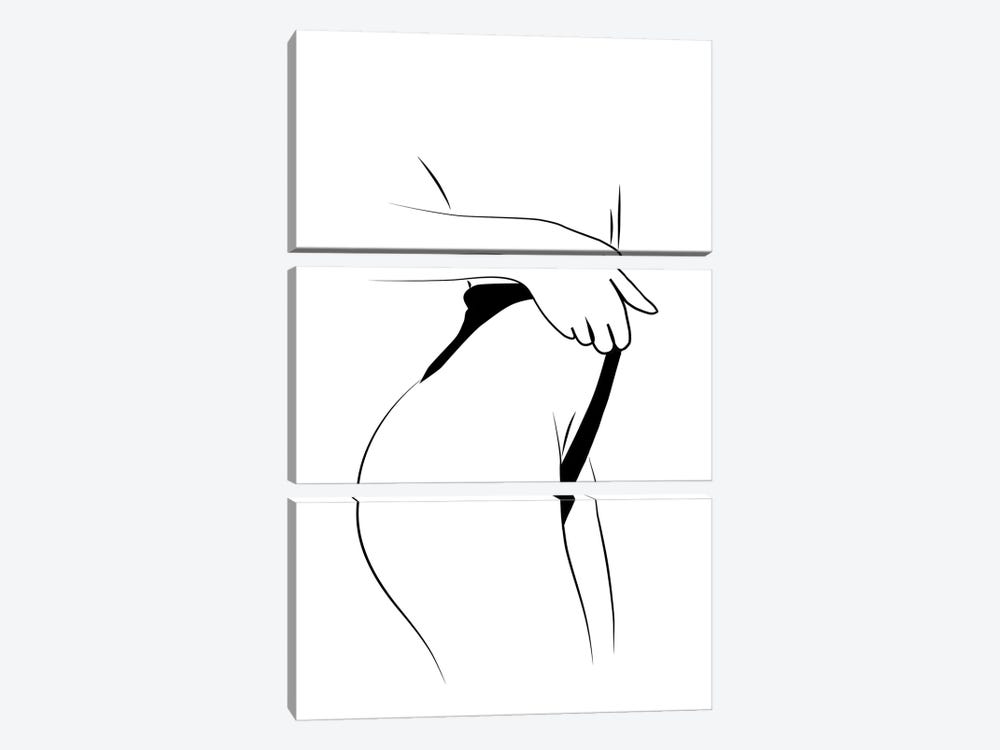 Bikini Silhouette Black And White by Tiny Treasure Prints 3-piece Canvas Print