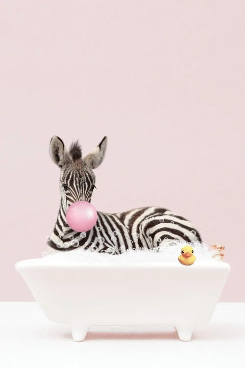 Baby Zebra With Bubblegum In Bathtub by Tiny Treasure Prints wall art