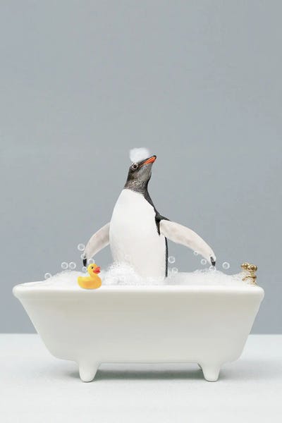 Penguin In A Bathtub by Tiny Treasure Prints canvas print