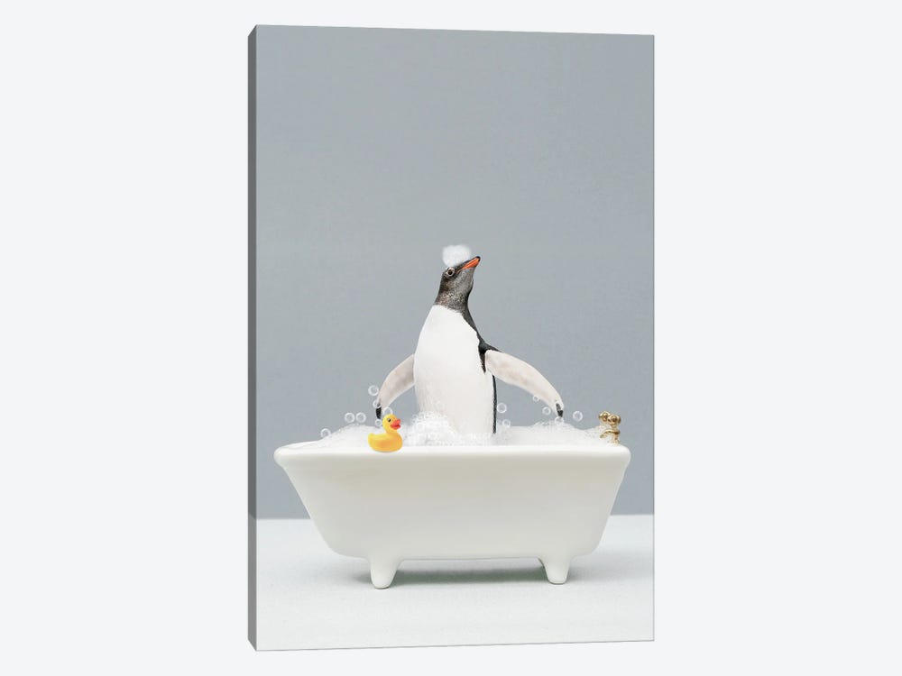 Penguin In A Bathtub by Tiny Treasure Prints 1-piece Canvas Artwork