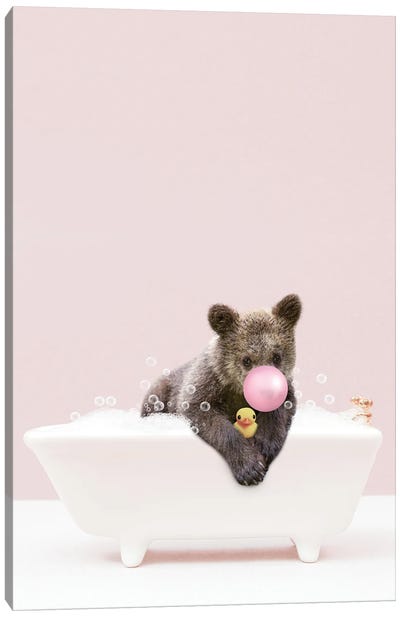 Bear Cub With Bubblegum In Bathtub Canvas Art Print - Tiny Treasure Prints