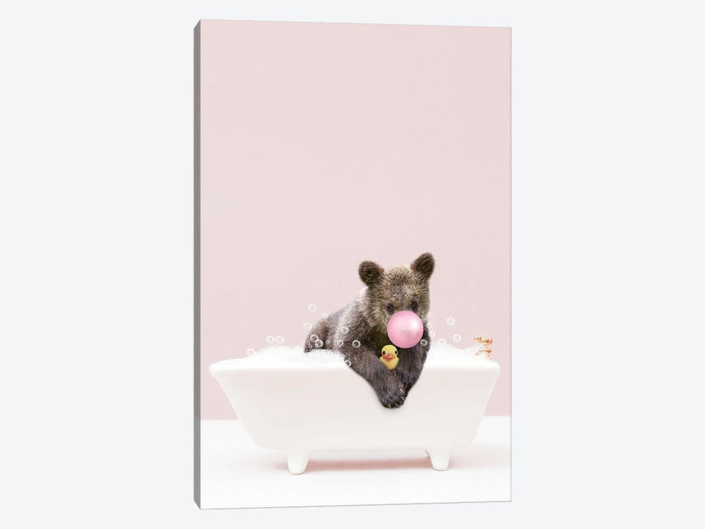 Bear Cub With Bubblegum In Bathtub by Tiny Treasure Prints 1-piece Canvas Wall Art