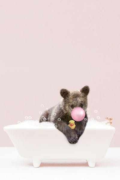 Brown Bears: Bear Cub With Bubblegum In Bathtub by Tiny Treasure Prints