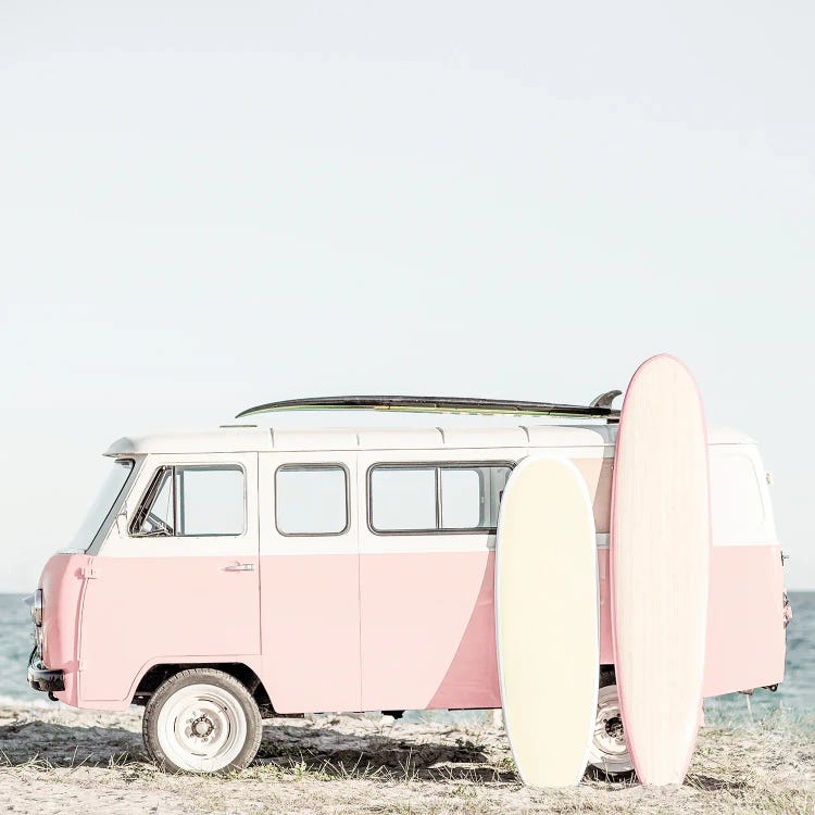 Pink Kombi Van With Surfboards