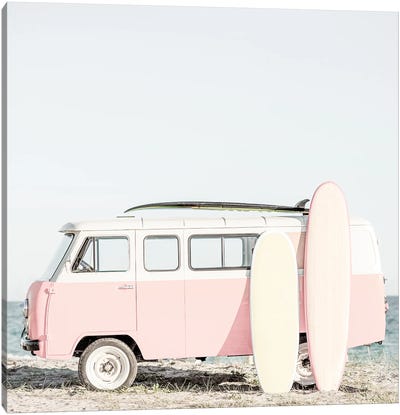 Pink Kombi Van With Surfboards Canvas Art Print - Kids Transportation Art