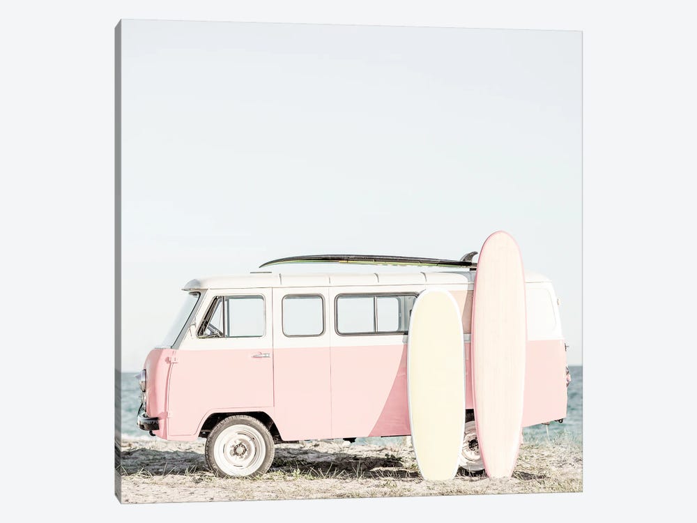 Pink Kombi Van With Surfboards by Tiny Treasure Prints 1-piece Canvas Print