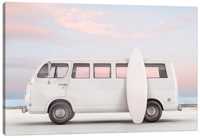 Van And Surfboard Canvas Art Print - Sunset Shades