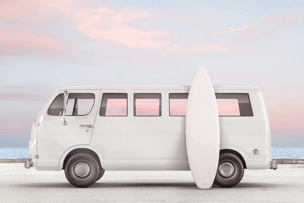 Large Coastal Art - Canvas Prints: Van And Surfboard by Tiny Treasure Prints
