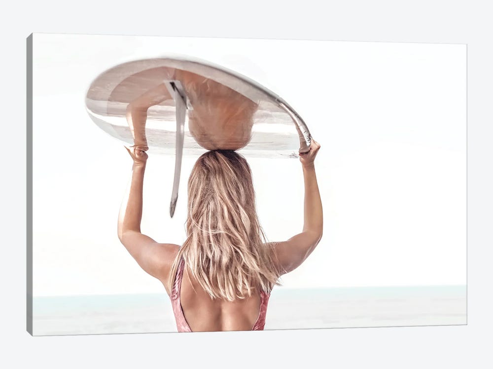 Blond Girl Carrying Surfboard by Tiny Treasure Prints 1-piece Canvas Wall Art