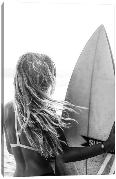 Blond Surfer Black And White Canvas Art Print - Sports Art