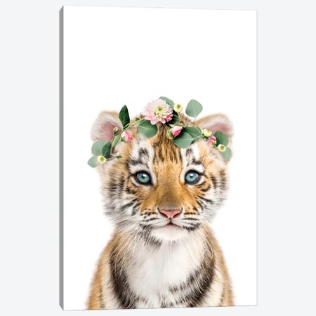 Tiger With A Flower Crown Canvas Print #TTP194} by Tiny Treasure Prints Canvas Wall Art