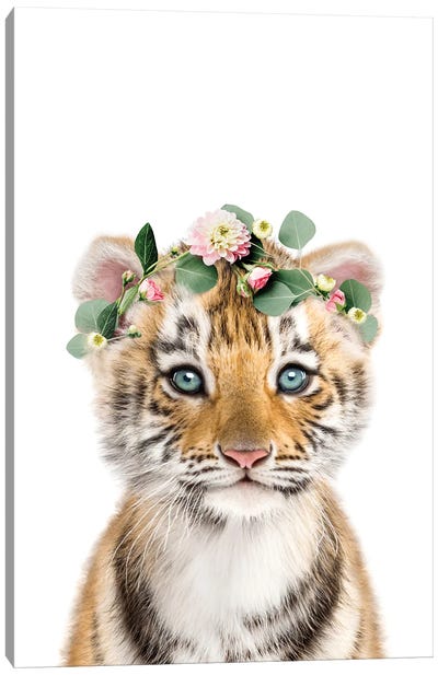 Tiger With A Flower Crown Canvas Art Print - Tiny Treasure Prints