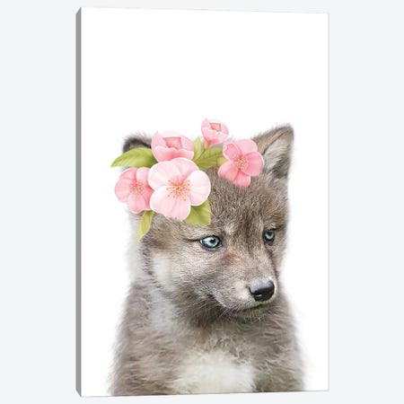 Wolf With Flower Crown I Canvas Print #TTP206} by Tiny Treasure Prints Canvas Wall Art