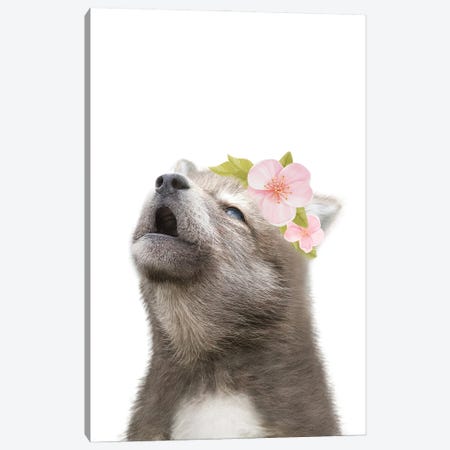 Wolf With Flower Crown II Canvas Print #TTP207} by Tiny Treasure Prints Canvas Artwork