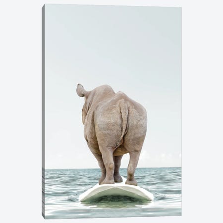 Rhino With Surfboard Canvas Print #TTP21} by Tiny Treasure Prints Art Print