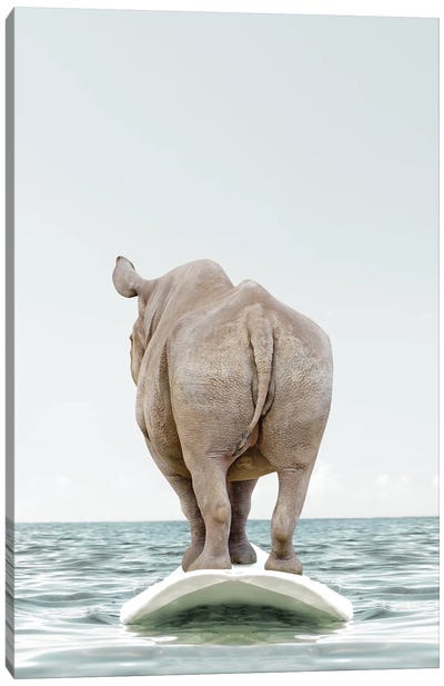 Rhino With Surfboard Canvas Art Print - Tiny Treasure Prints