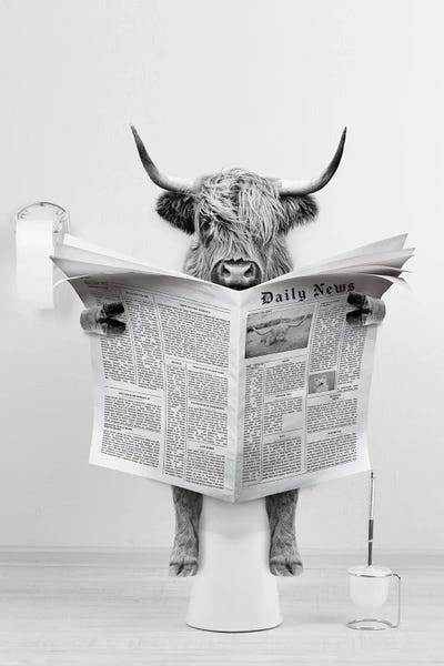Black & White Digital Art: Scottish Highland Cow Reading Newspaper by Tiny Treasure Prints