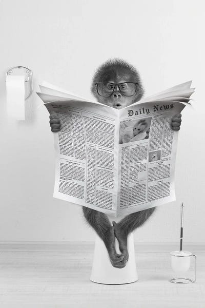 Primates: Monkey On The Toilet Reading Newspaper by Tiny Treasure Prints
