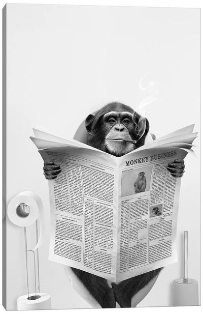 Monkey On The Toilet Reading The Newspaper Canvas Art Print - Tiny Treasure Prints