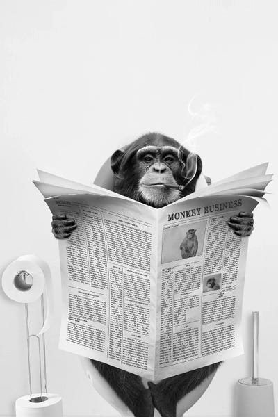 Black & White Digital Art: Monkey On The Toilet Reading The Newspaper by Tiny Treasure Prints
