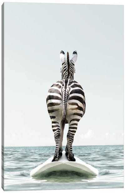 Zebra With Surfboard Canvas Art Print - Tiny Treasure Prints