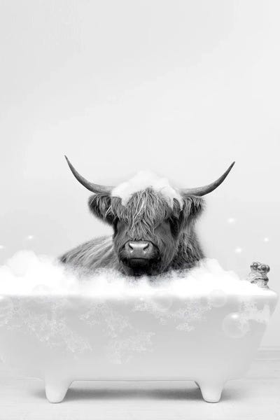 Black & White Animal Art: Highland Cow In Bathtub by Tiny Treasure Prints
