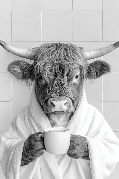 Highland Cow With Coffee Black And White In Bathrobe