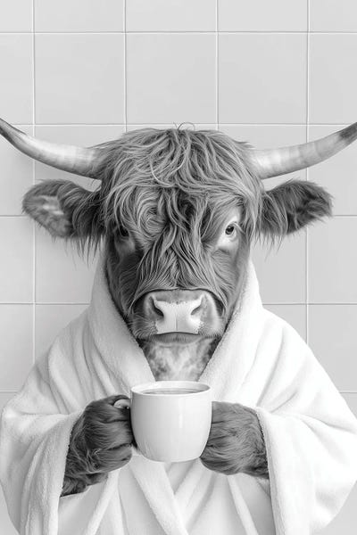 Black & White Animal Art: Highland Cow With Coffee Black And White In Bathrobe by Tiny Treasure Prints