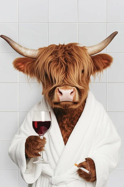 Fine Art Print: Highland Cow  With Wine And Cigarette In Bathrobe by Tiny Treasure Prints