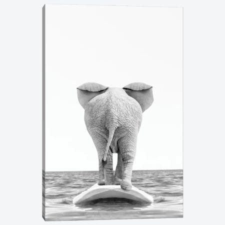 Elephant Surfing Black And White Canvas Print #TTP26} by Tiny Treasure Prints Canvas Artwork