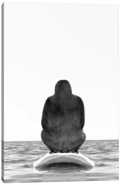 Gorilla With Surfboard Black And White Canvas Art Print - Gorilla Art