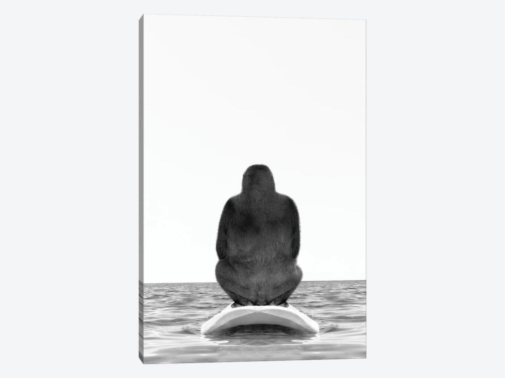 Gorilla With Surfboard Black And White by Tiny Treasure Prints 1-piece Canvas Artwork
