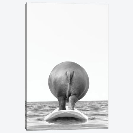 Hippo With Surfboard Black And White Canvas Print #TTP28} by Tiny Treasure Prints Canvas Print