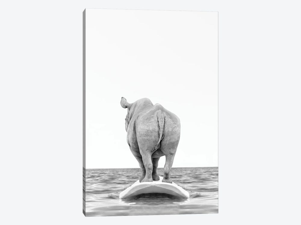 Rhino With Surfboard Black And White by Tiny Treasure Prints 1-piece Canvas Artwork