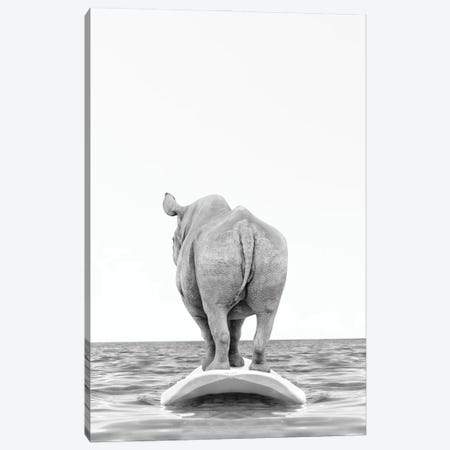Rhino With Surfboard Black And White Canvas Print #TTP30} by Tiny Treasure Prints Canvas Artwork