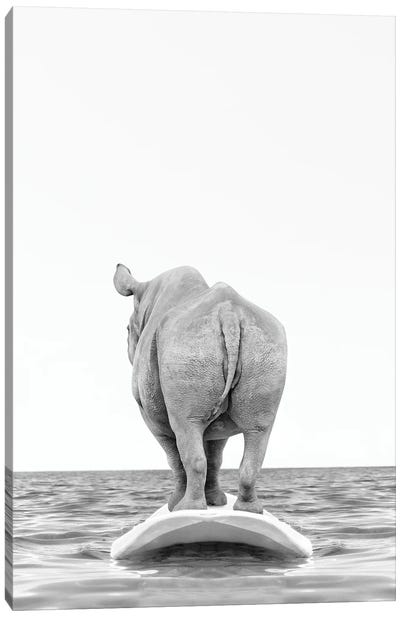 Rhino With Surfboard Black And White Canvas Art Print - Rhinoceros Art